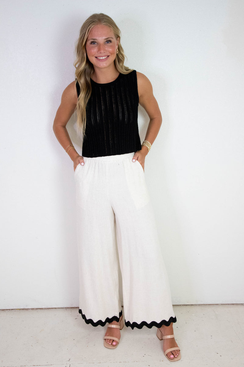 Sugarloaf Wavy Trim Elastic Pants, Oatmeal | Sadie & Sage