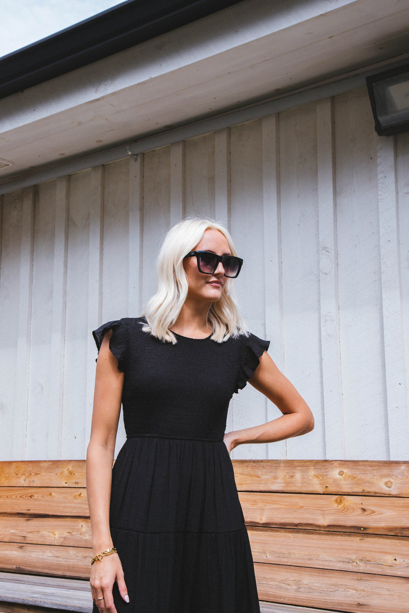 Celene Smocked Midi Dress, Black