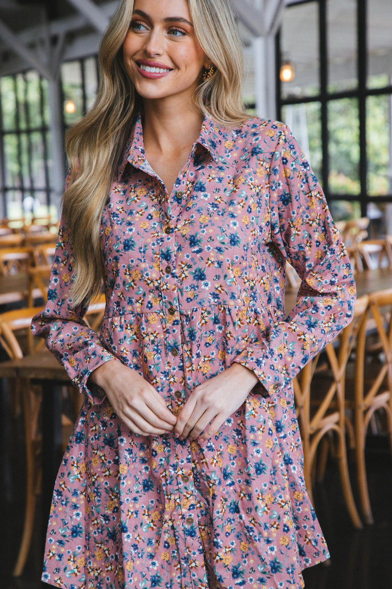 Anemone Floral Corduroy Button Up Dress, Mauve
