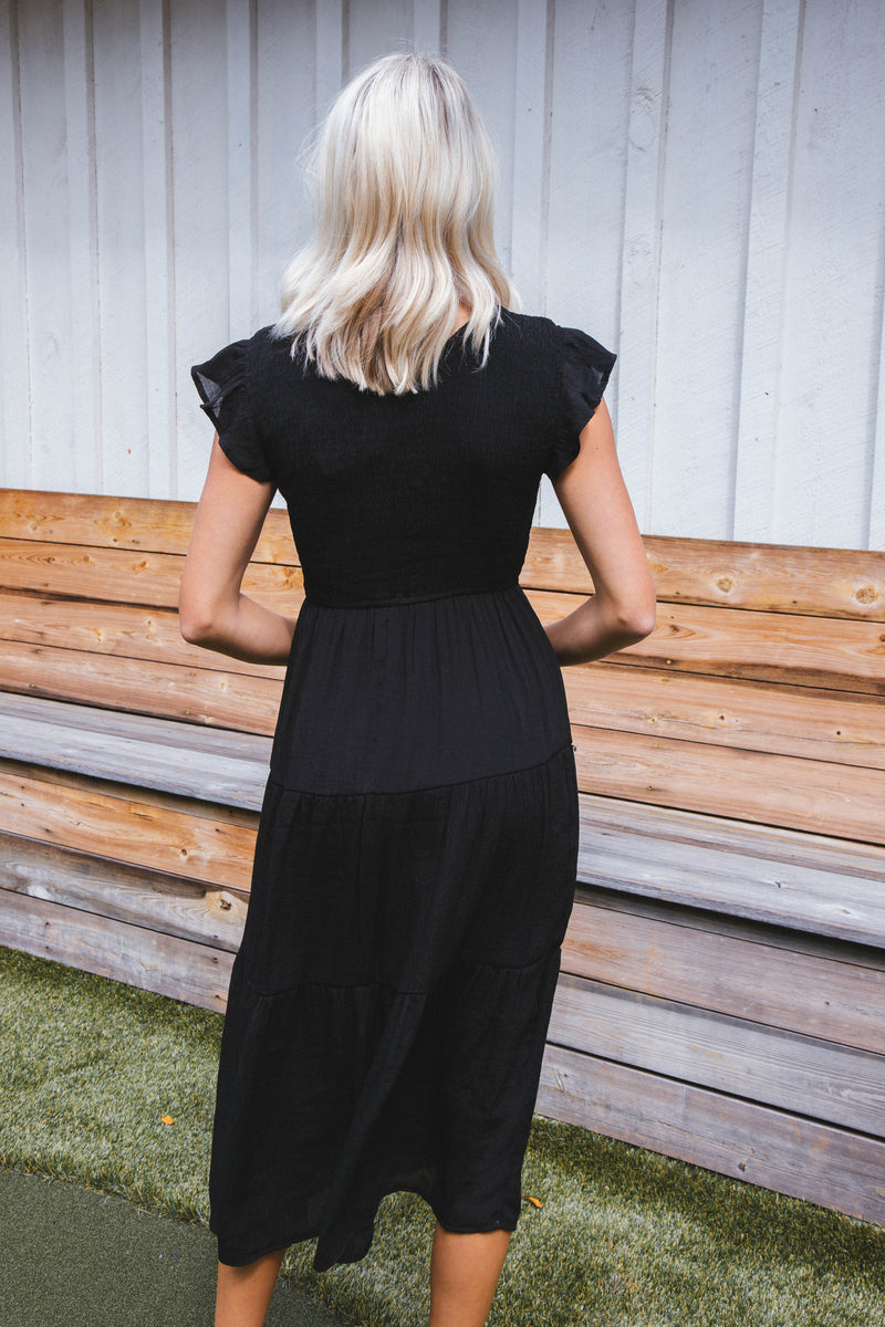 Celene Smocked Midi Dress, Black