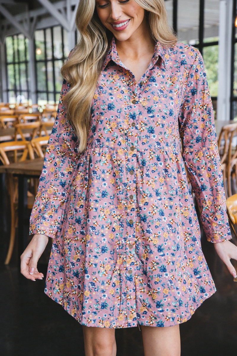 Anemone Floral Corduroy Button Up Dress, Mauve