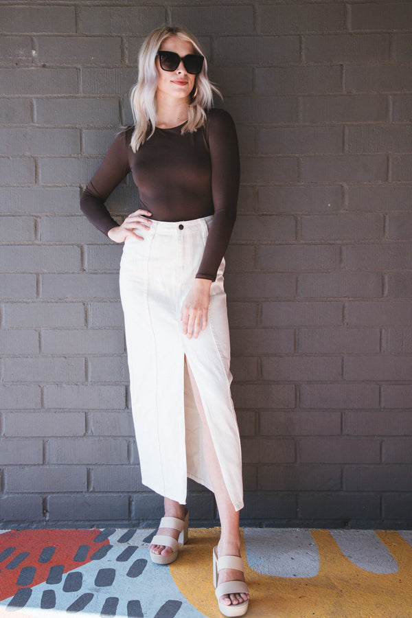 Kinzie Long Sleeve Bodysuit, Mocha Brown