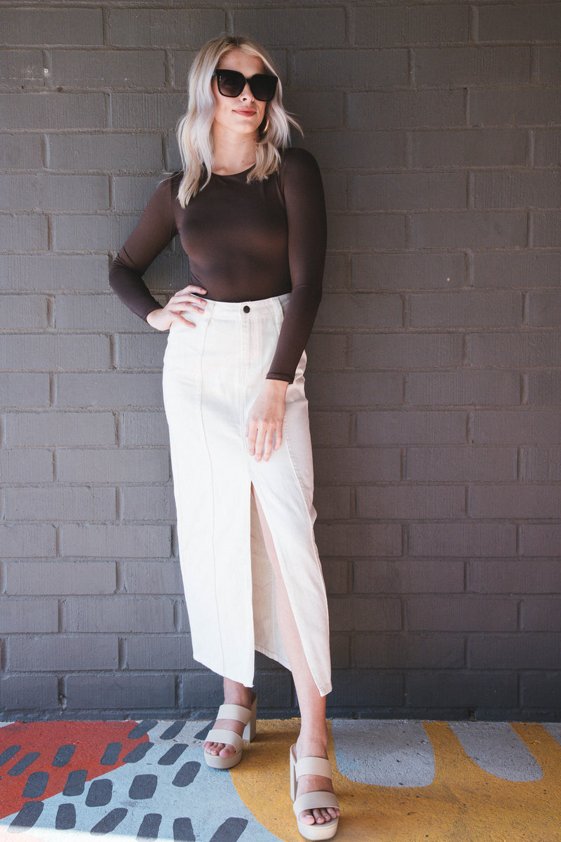 Kinzie Long Sleeve Bodysuit, Mocha Brown
