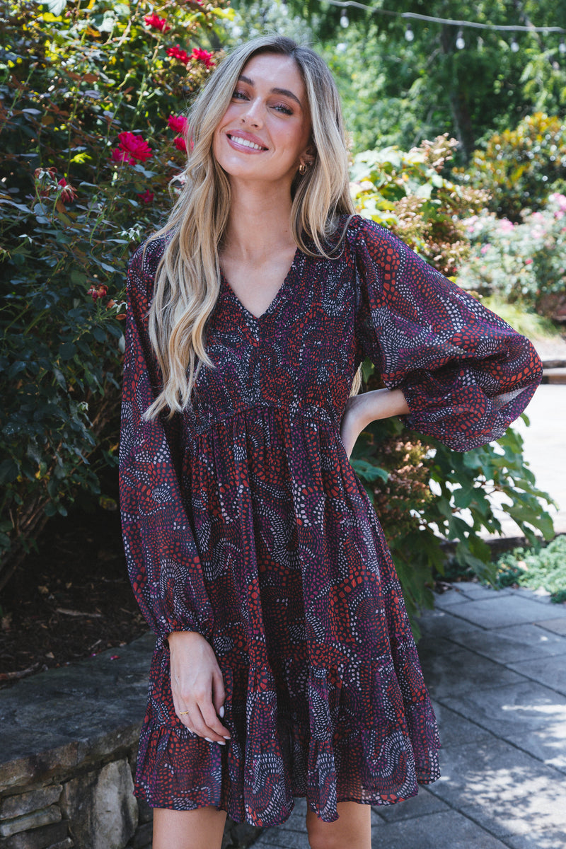 Idalia Printed Dress, Red Mix