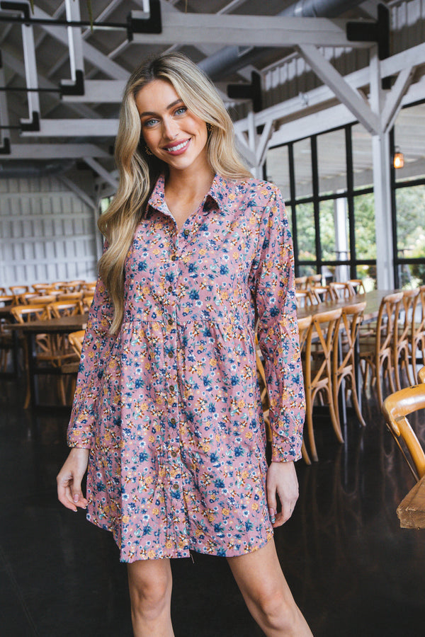 Anemone Floral Corduroy Button Up Dress, Mauve
