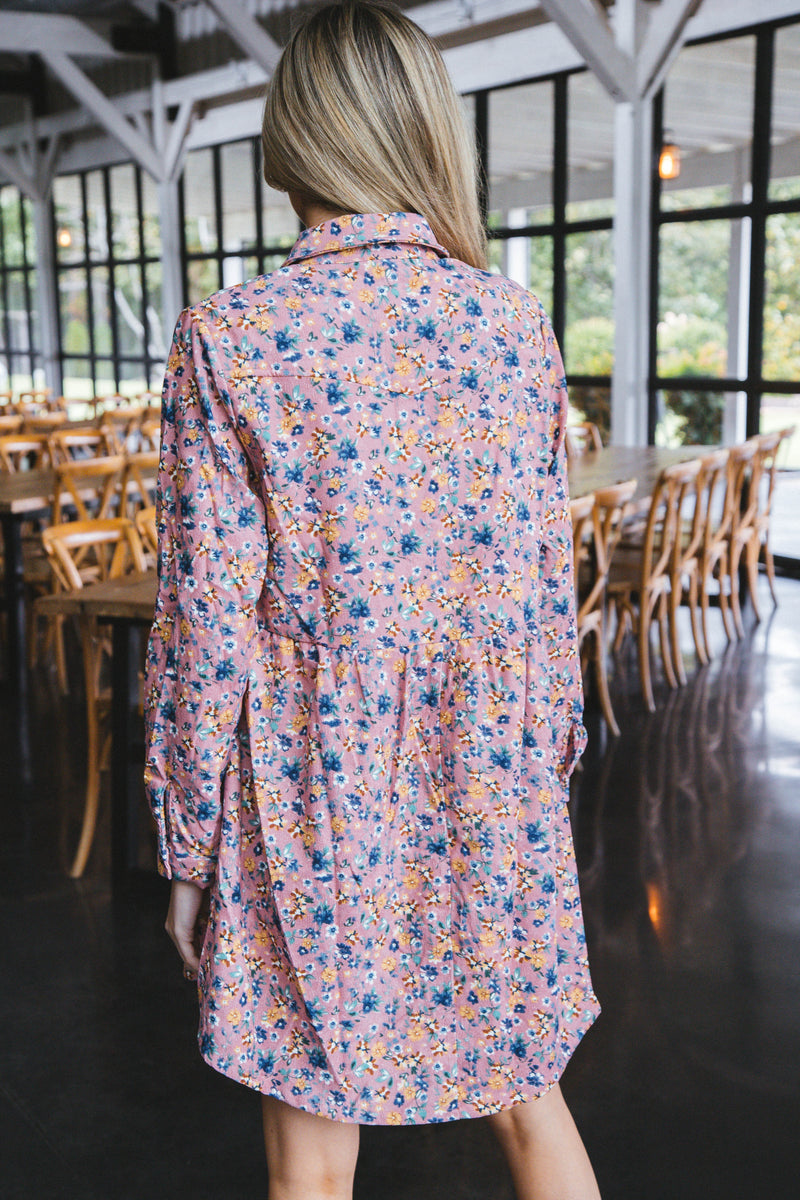 Anemone Floral Corduroy Button Up Dress, Mauve