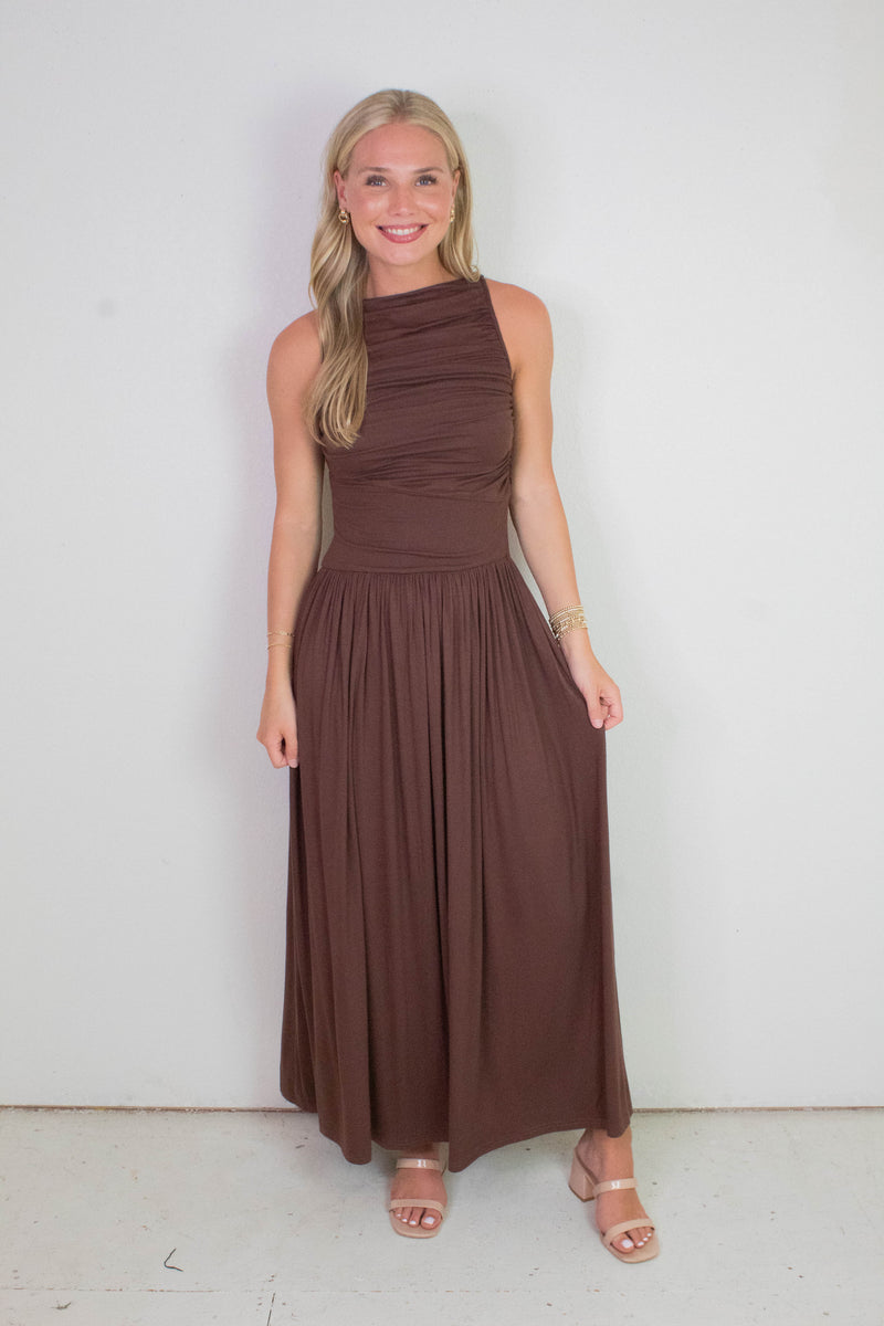 Daphne Boat Neck Ruched Maxi Dress, Brown