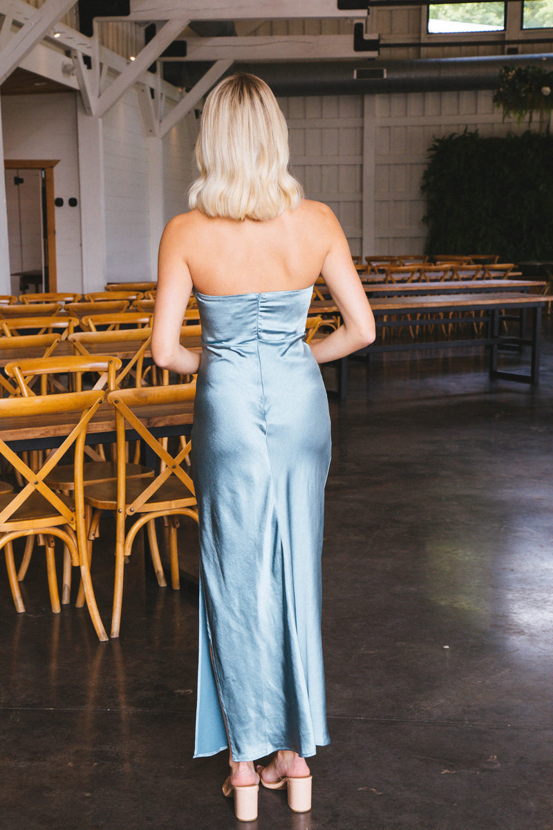 Natalia Strapless Satin Midi Dress, Dusty Blue