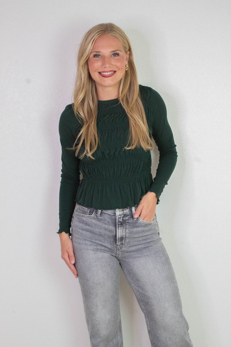 Elsie Round Neck Smocked Top, Dark Green