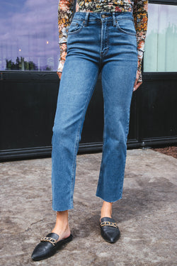 Samara Hem Detail Straight Leg Jeans, Dark Denim