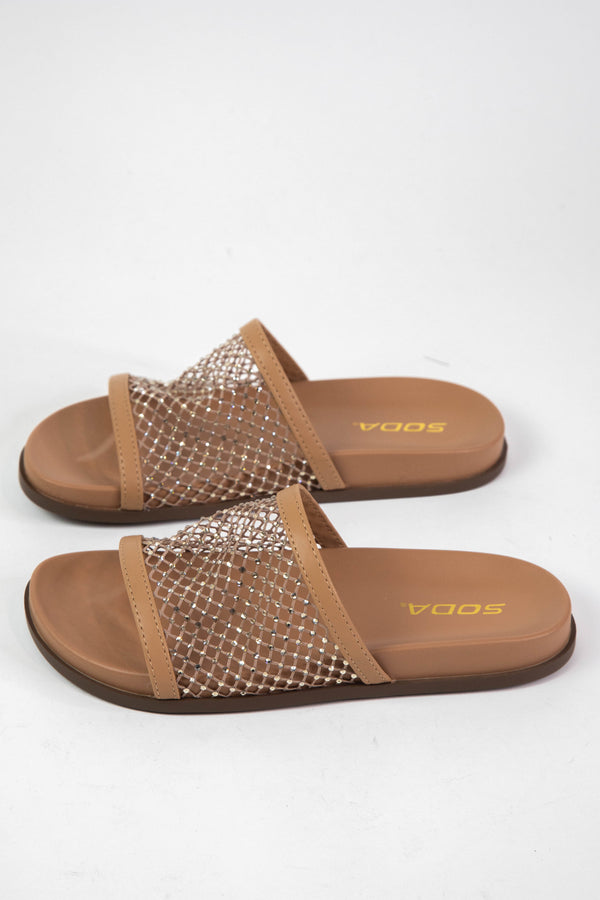 Ensure Rhinestone Studded Fishnet Sandal, Light Tan