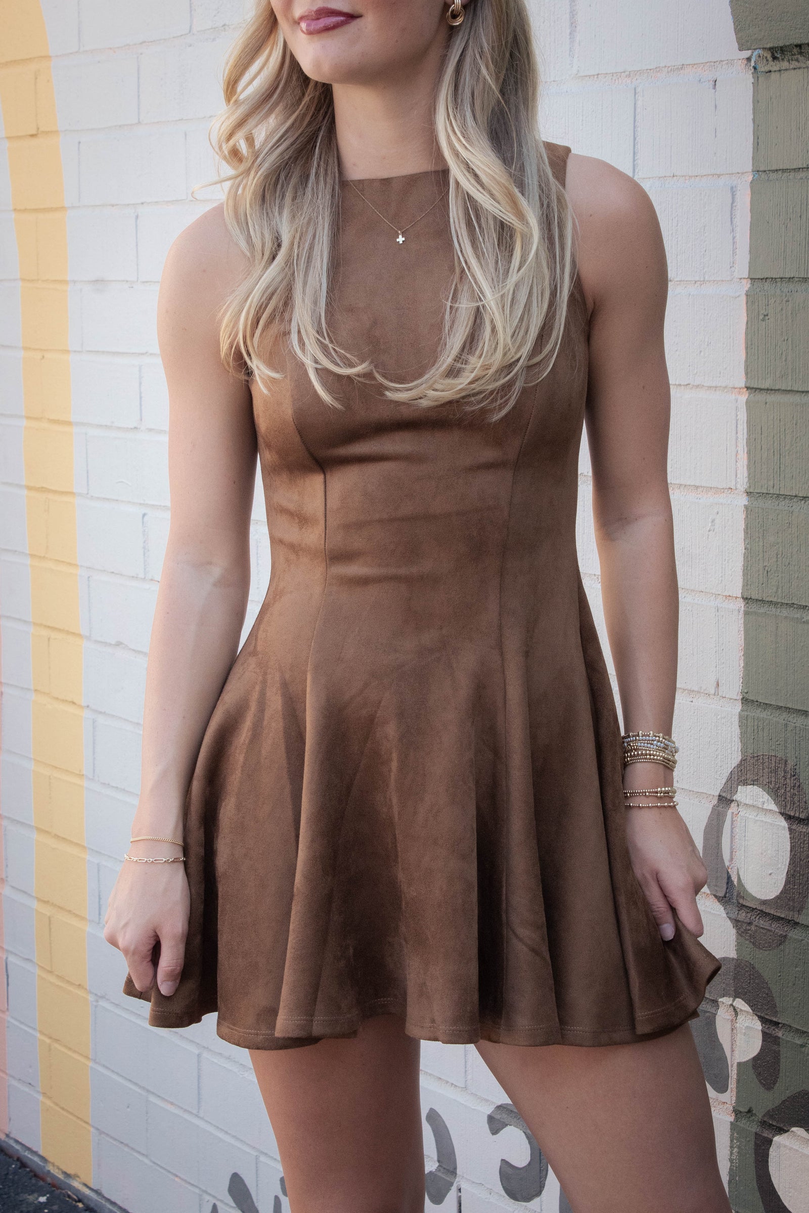 Indi Faux Suede Flare Dress, Camel Brown – North & Main Clothing