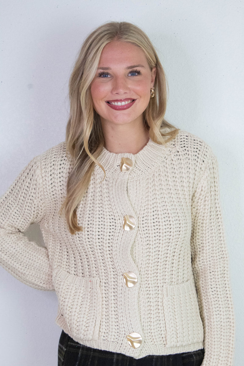 Clara Gold Button Cardigan, Cream