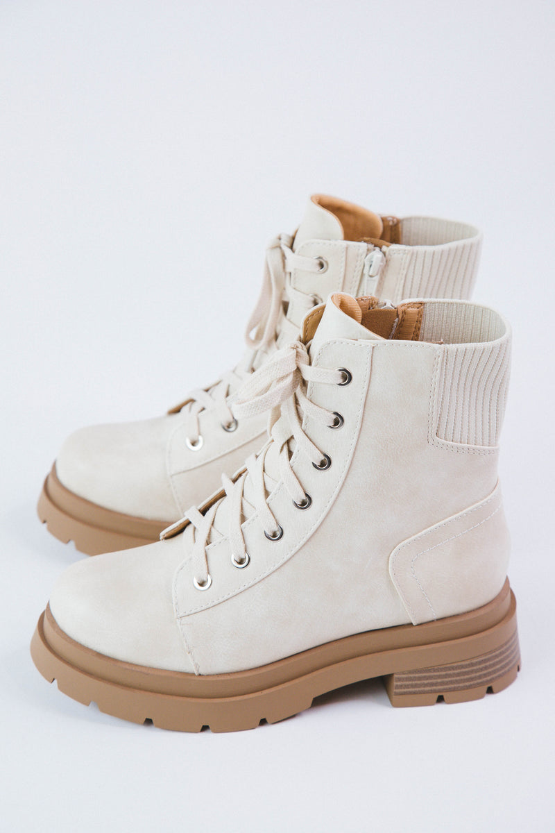 Amina Lace Up Rib Detail Combat Boot, Beige
