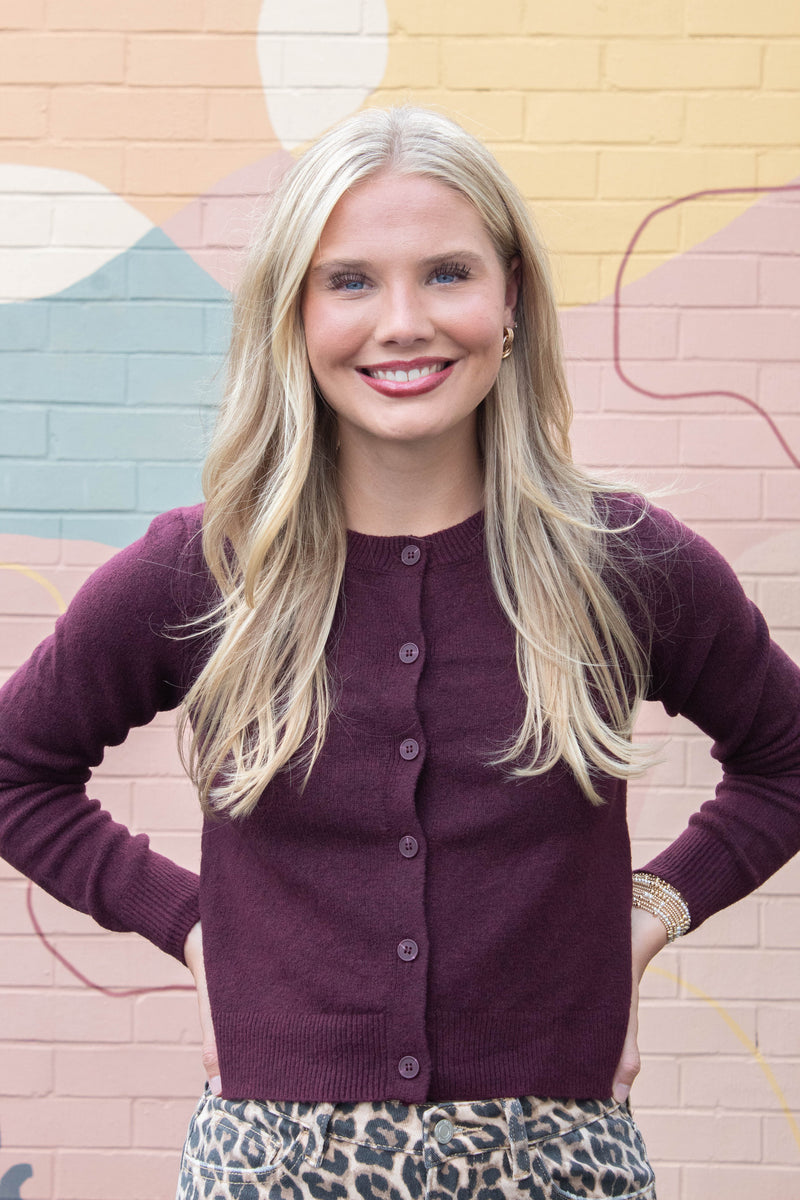 Maria Round Neck Cardigan, Burgundy