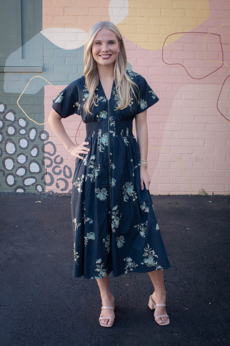 Ella Printed Zip Up Midi Dress, Black