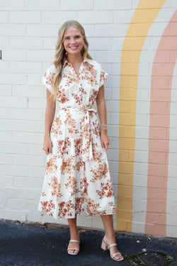 Romina Floral Button Down Dress, Ivory Brown