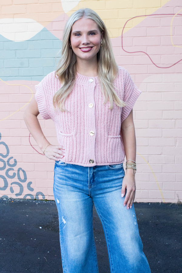 Dorothea Chunky Button Down Sweater, Blush