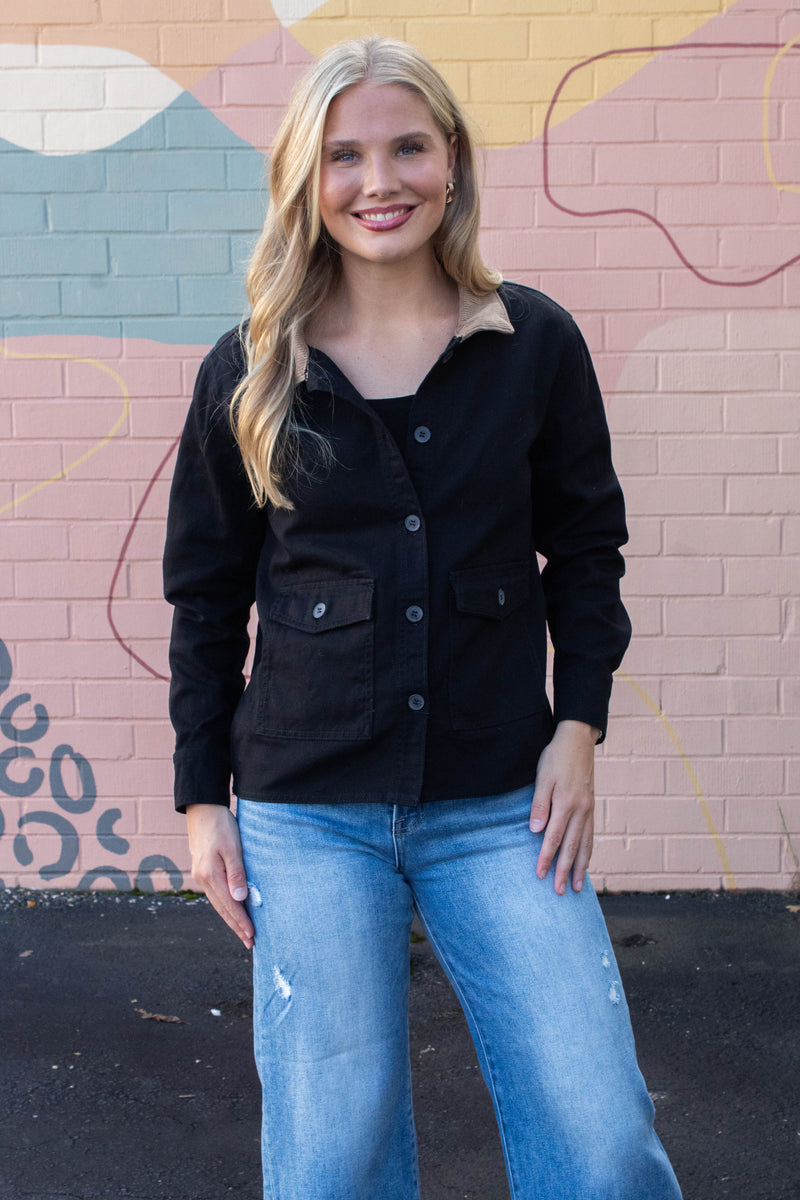Elisabeth Corduroy Collared Work Jacket, Black