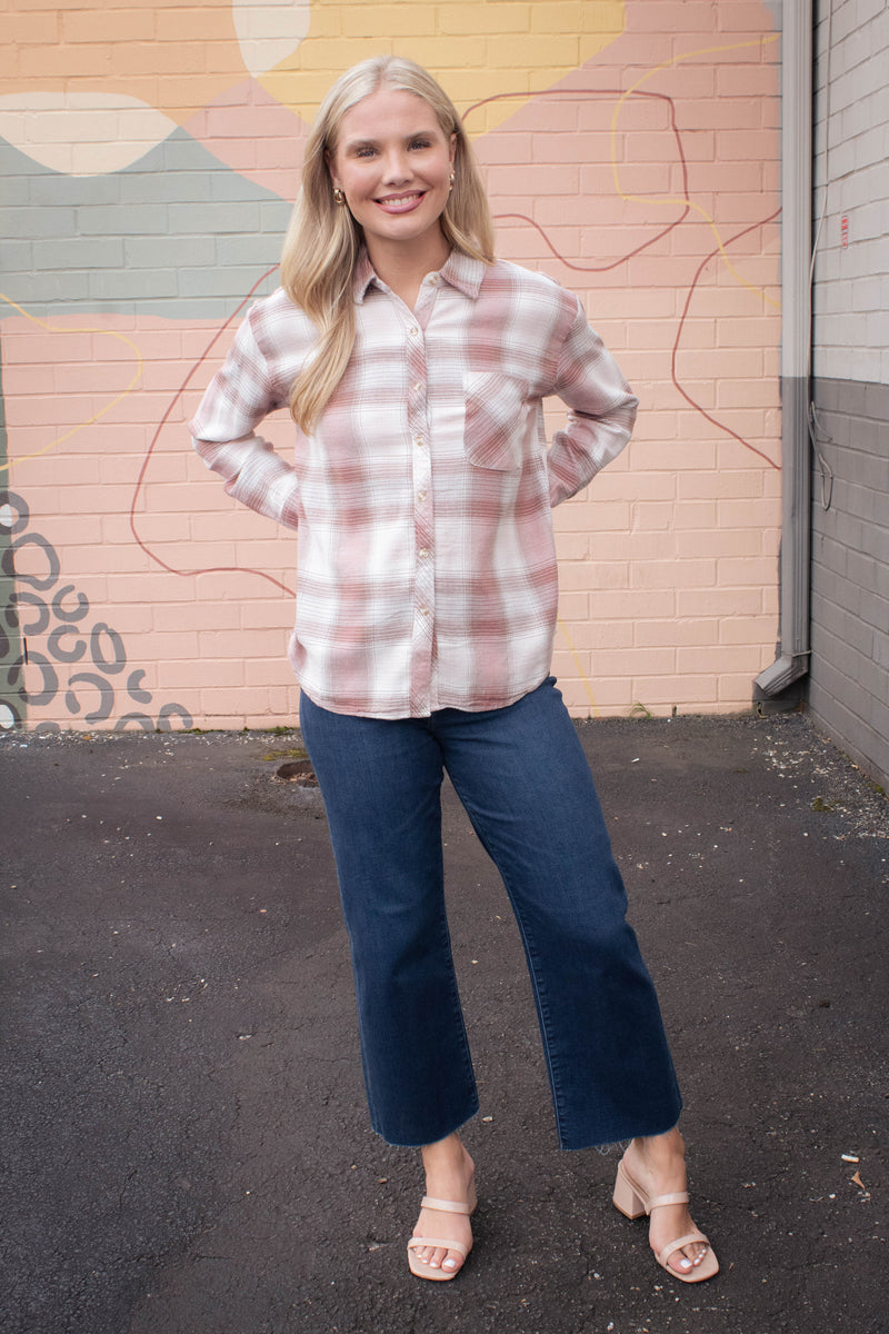 Juliette Plaid Button Up Shirt, Dusty Pink