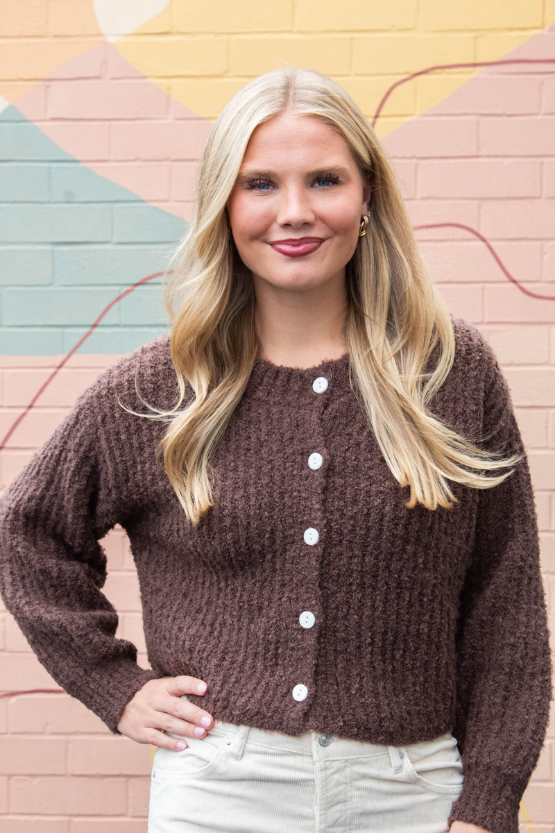 Emberly Fluffy Knit Cardigan, Chestnut