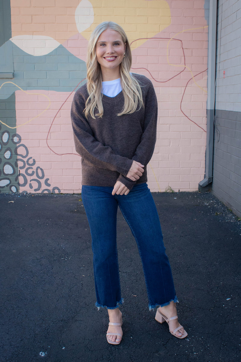 Lyra V-Neck Pullover Sweater, Brown