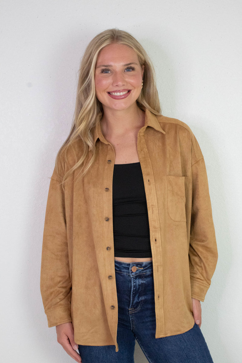 Gloria Suede Collared Shirt, Ginger