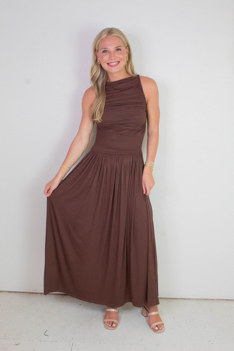 Daphne Boat Neck Ruched Maxi Dress, Brown