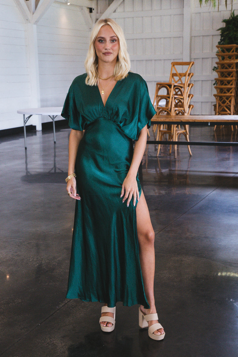 Ziva Satin Maxi Dress, Dark Emerald