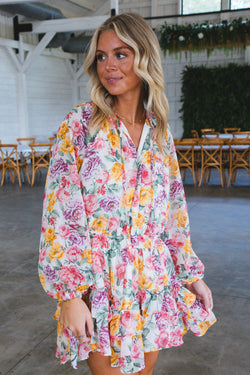 Lovely Long Sleeve Floral Rose Print Mini Dress, Multi Floral