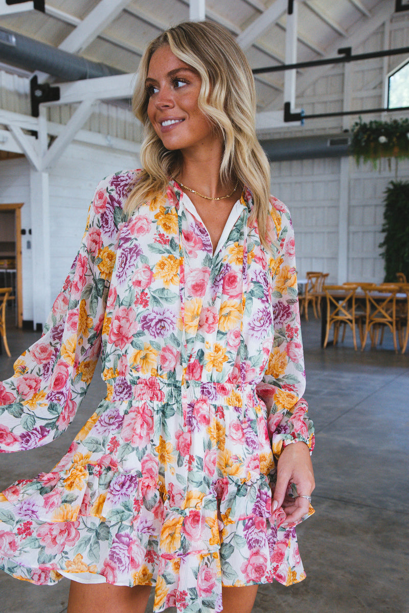 Lovely Long Sleeve Floral Rose Print Mini Dress, Multi Floral