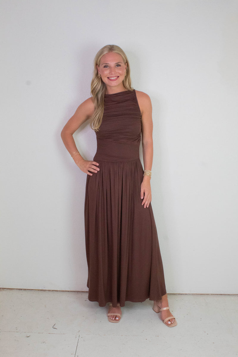 Daphne Boat Neck Ruched Maxi Dress, Brown