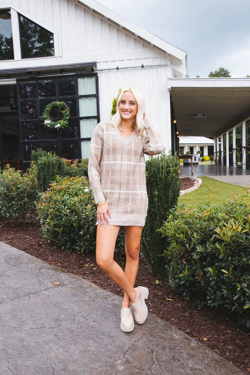 All Autumn Plaid Sweater Dress, Taupe | Sadie & Sage