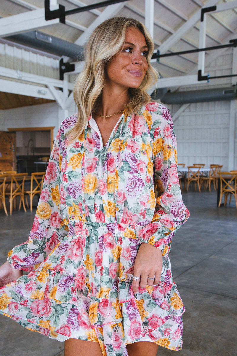 Lovely Long Sleeve Floral Rose Print Mini Dress, Multi Floral