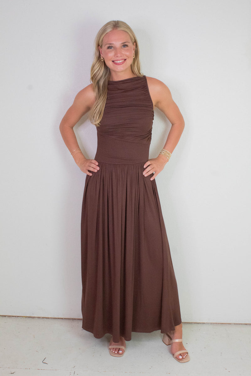 Daphne Boat Neck Ruched Maxi Dress, Brown