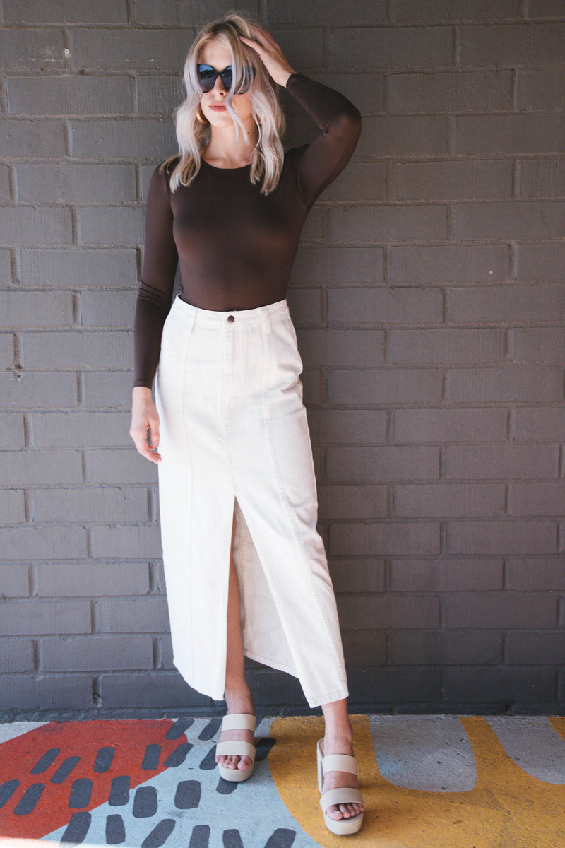 Kinzie Long Sleeve Bodysuit, Mocha Brown