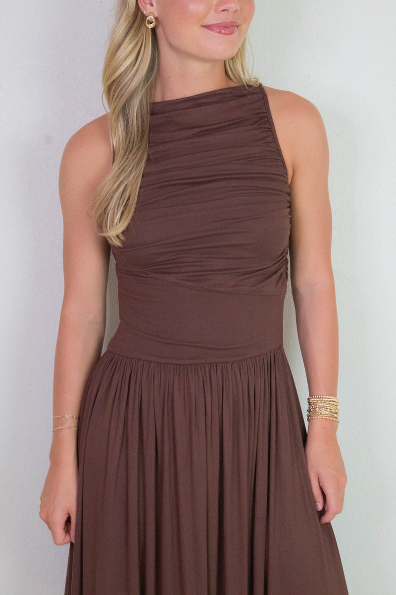 Daphne Boat Neck Ruched Maxi Dress, Brown