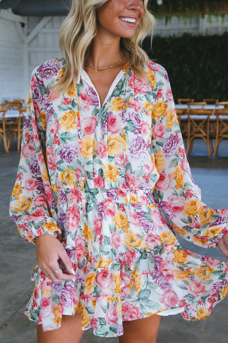 Lovely Long Sleeve Floral Rose Print Mini Dress, Multi Floral