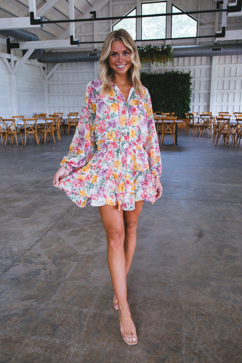 Lovely Long Sleeve Floral Rose Print Mini Dress, Multi Floral