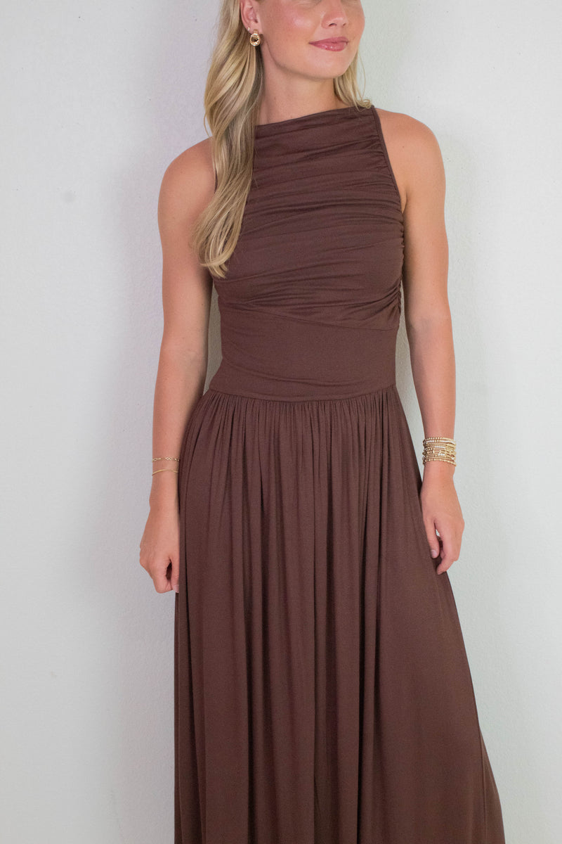 Daphne Boat Neck Ruched Maxi Dress, Brown