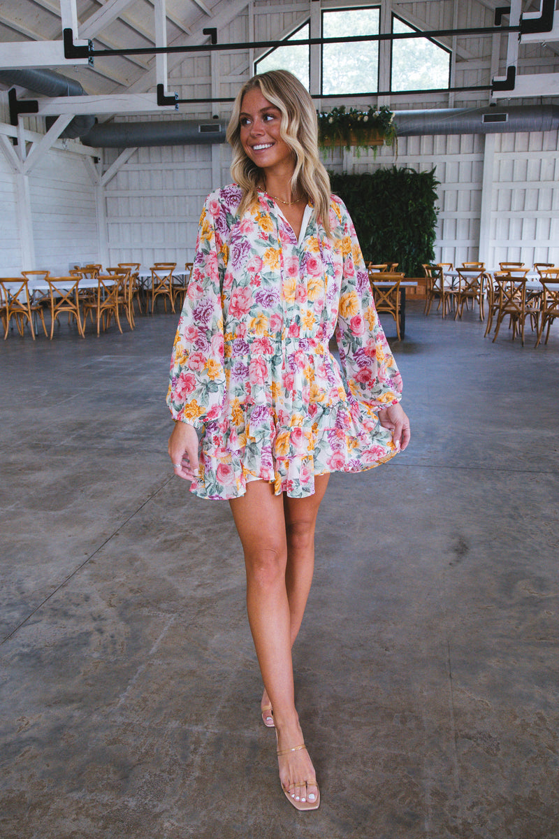 Lovely Long Sleeve Floral Rose Print Mini Dress, Multi Floral