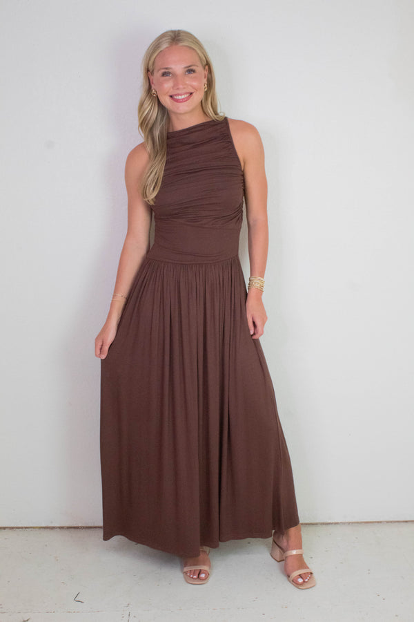 Daphne Boat Neck Ruched Maxi Dress, Brown