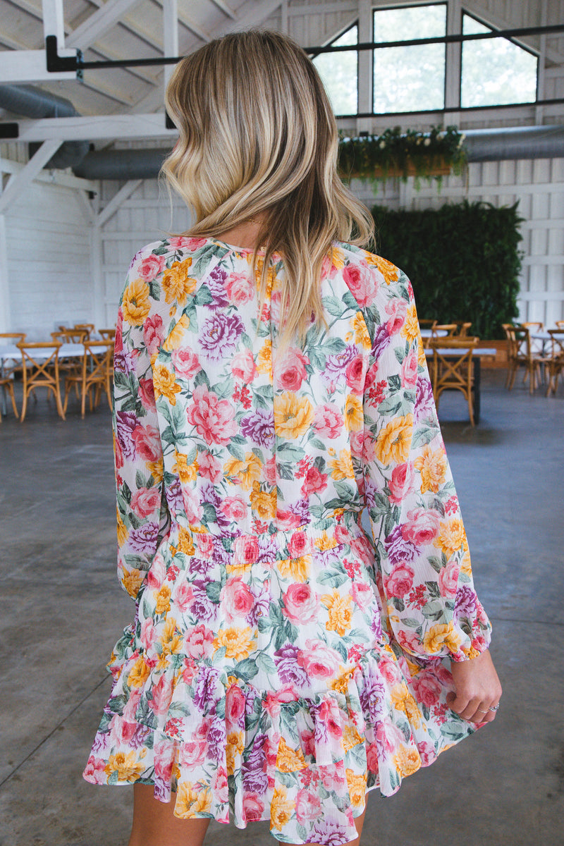 Lovely Long Sleeve Floral Rose Print Mini Dress, Multi Floral