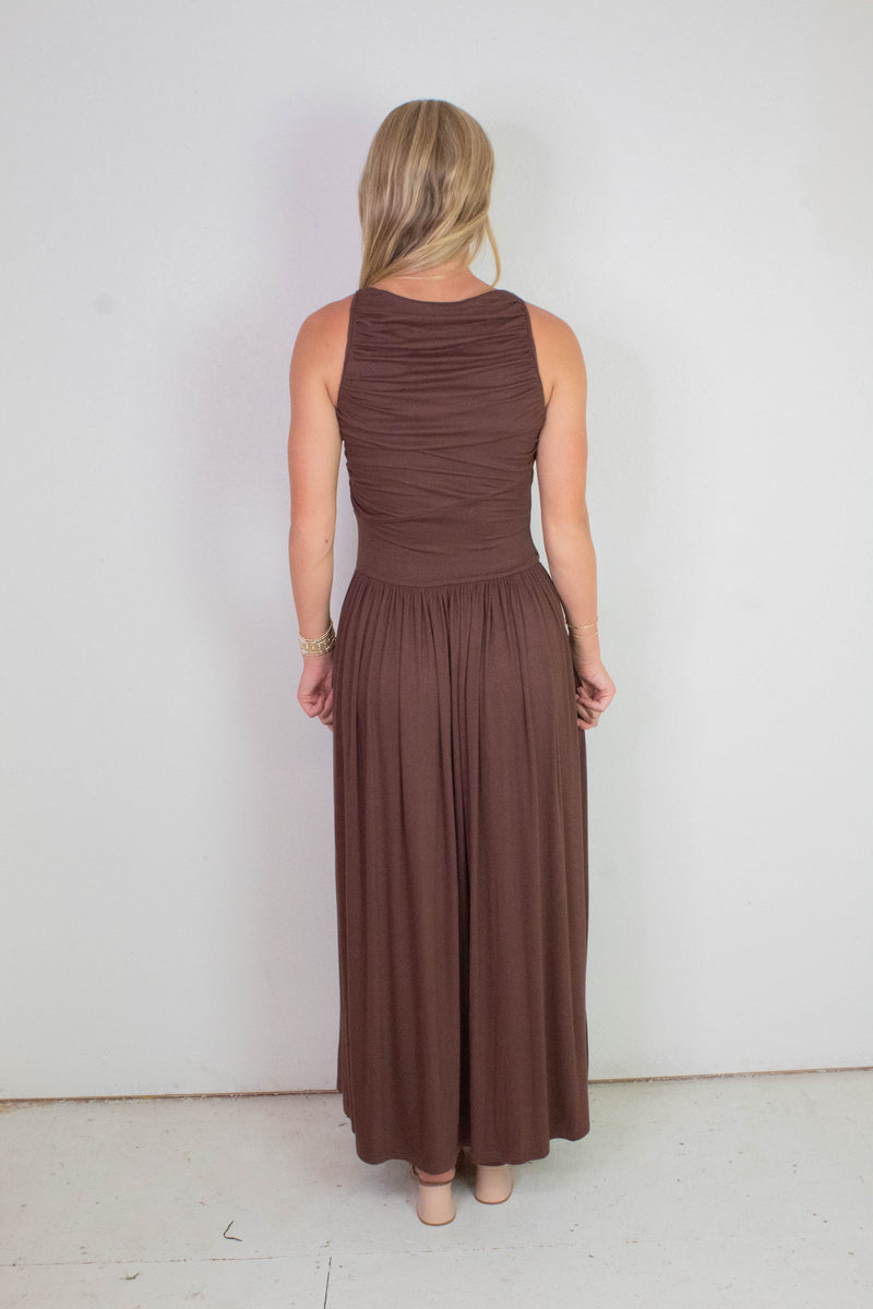 Daphne Boat Neck Ruched Maxi Dress, Brown