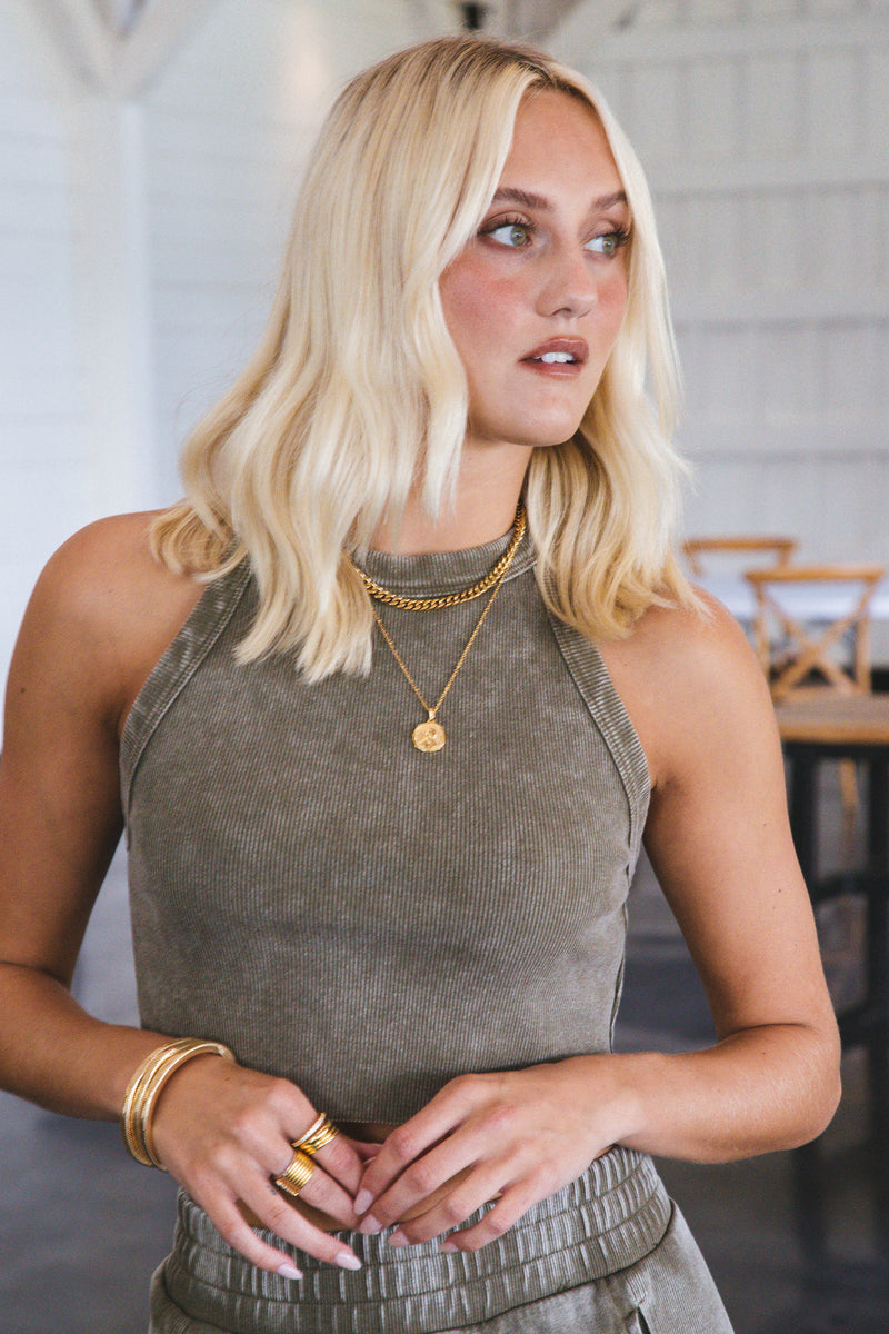 Hannah Halter Neck Ribbed Crop Top, Olive