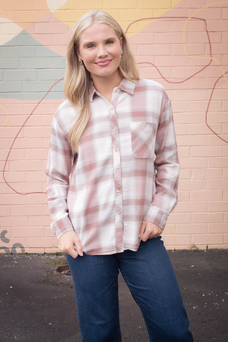Juliette Plaid Button Up Shirt, Dusty Pink