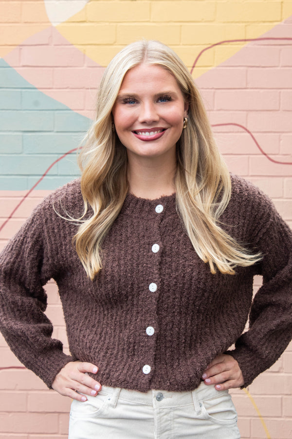 Emberly Fluffy Knit Cardigan, Chestnut
