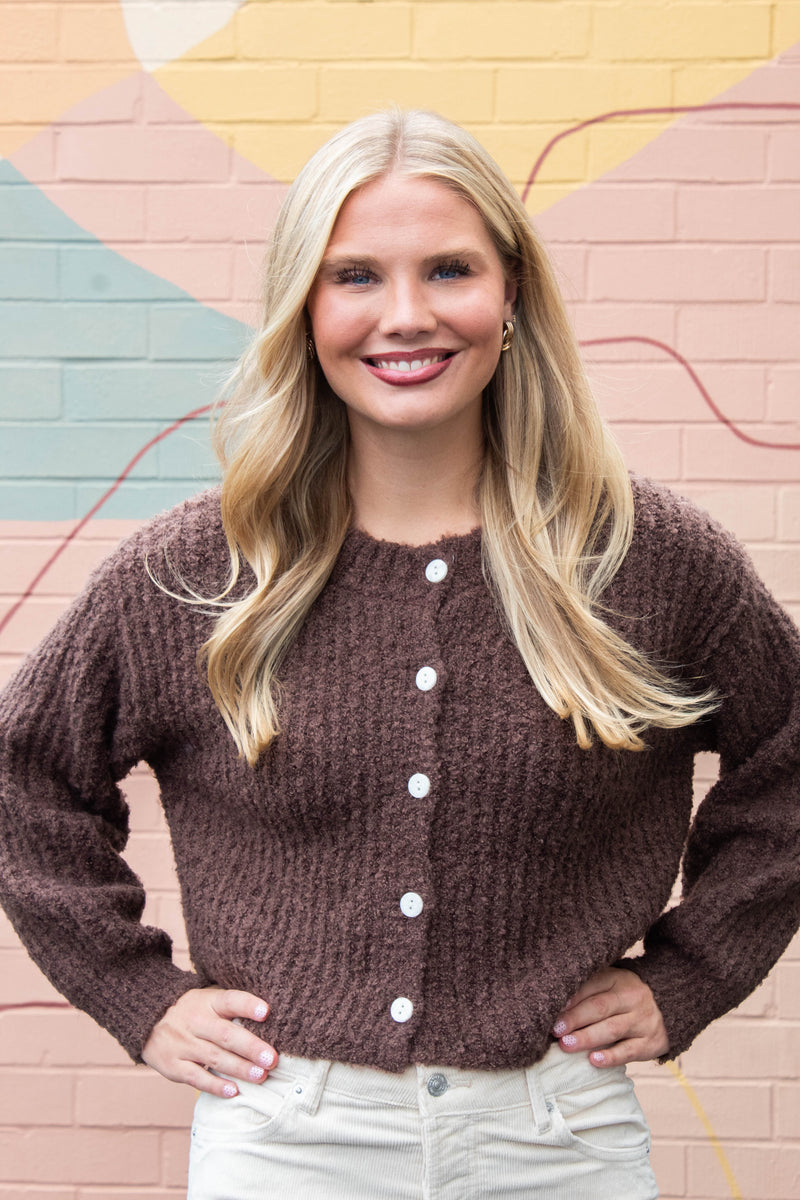 Emberly Fluffy Knit Cardigan, Chestnut