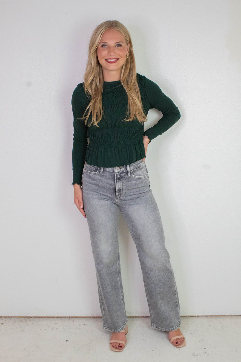 Elsie Round Neck Smocked Top, Dark Green