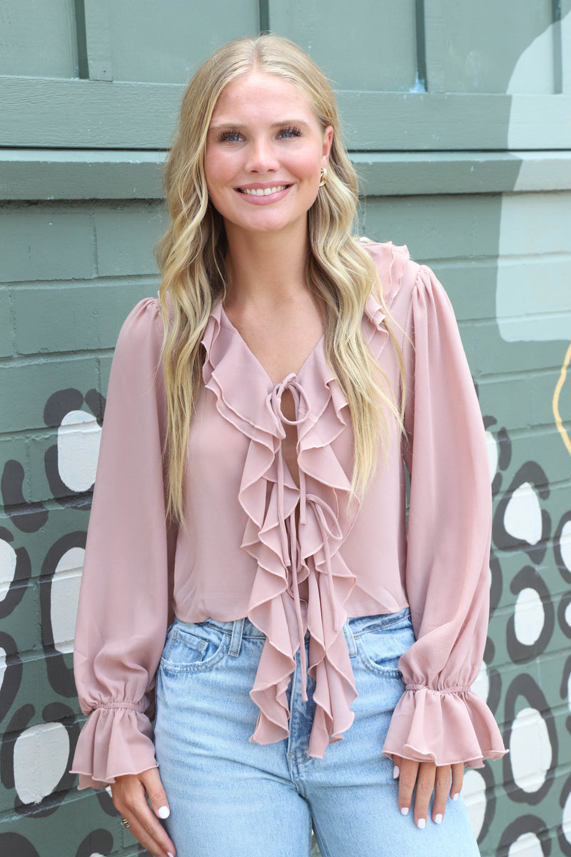 Greer Ruffled Tie Front Blouse, Mauve